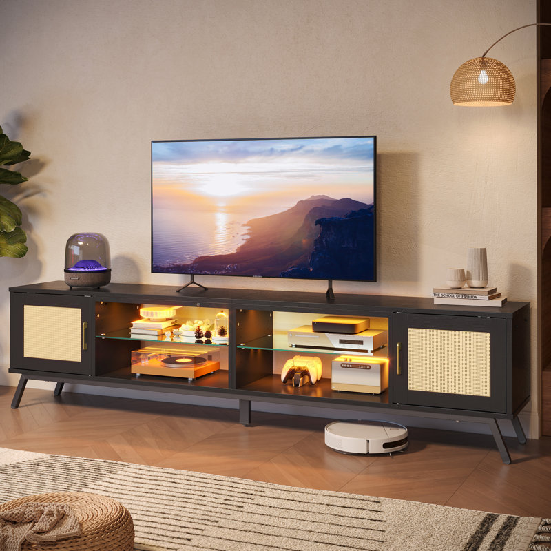 203cm Tv Stand With Led for Tvs Up to 85", Rattan Entertainment Center with Cabinets and Open Compartments, Black