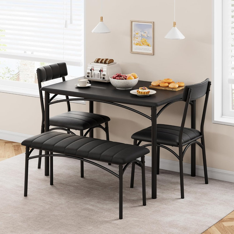 4-Piece Dining Set for 4, Rectangular Table with Upholstered Bench & 2 Chairs, Metal Frame, Black