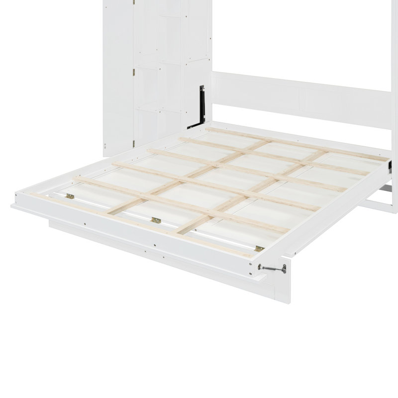 Ashen Murphy Bed with Shelves, Wardrobe & LED Light, White, Queen