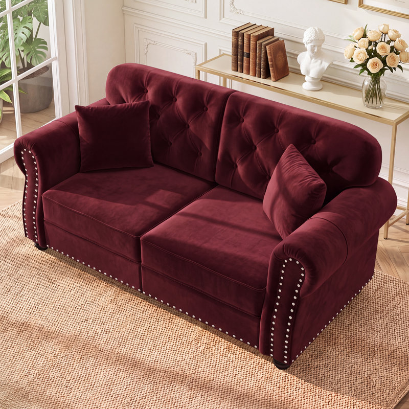 Causeuse Chesterfield 63 po Mid-Century, Burgundy