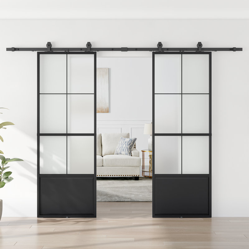 3/4 Lite Metal and Glass Double Barn Door with Installation Hardware Kit and Soft-close, Frosted Glass, 72" x 84"