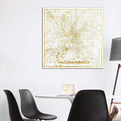 Indianapolis Gold Leaf Urban Blueprint Map by Hubert Roguski - Wrapped Canvas Print