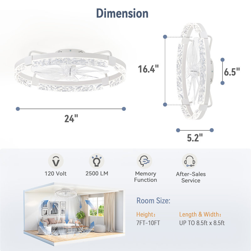  Cissline 24" Modern Flush-mount Ceiling Fan Light With Diamond-cut Crystal Edges And Curved Led For Bedrooms & Living Areas