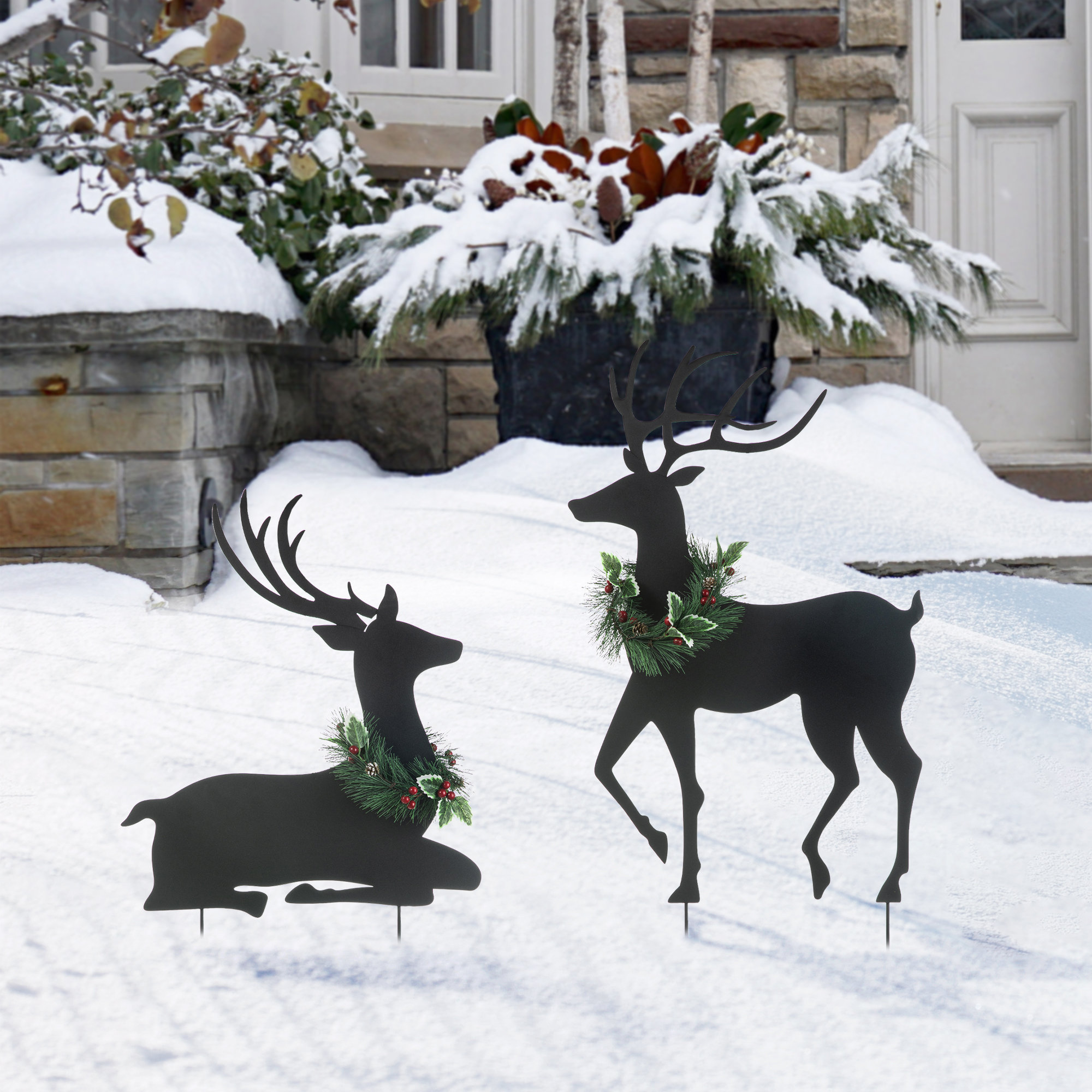 42"H Set Of 2 Christmas Metal Silhouette Reindeers Yard Stake Or Wall Decor(KD,Two Function)