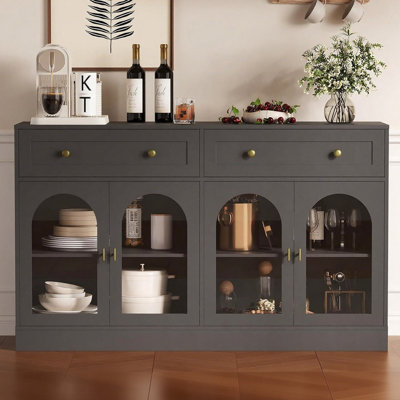 55.1" Sideboard Buffet Cabinet with Storage, Buffet Table with 2 Drawers and 4 Acrylic Doors, Wood Coffee Bar with Adjustable Shelves for Kitchen, Dining Room, Living Room