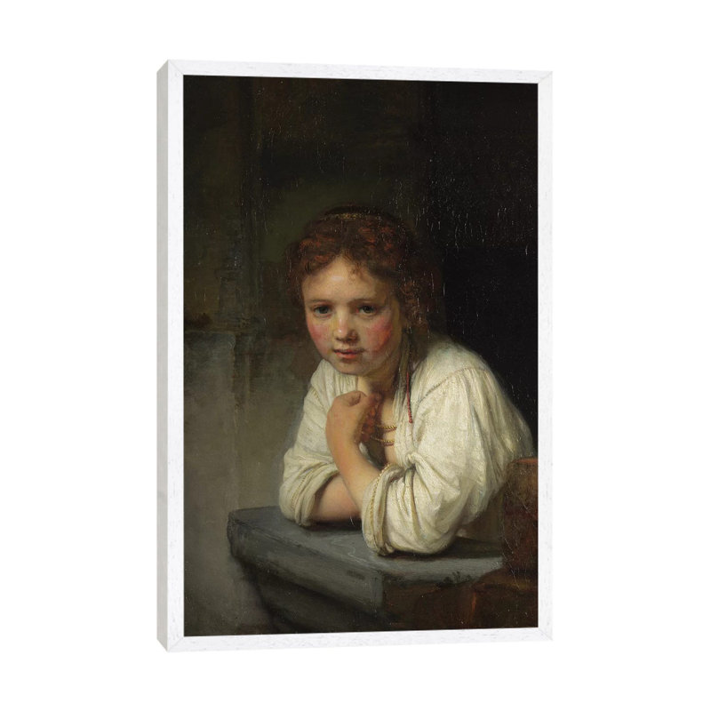 Girl At A Window, 1645 by Rembrandt Van Rijn - Painting on Canvas, 66.04cm H x 45.72cm W x 3.81cm D, White Framed