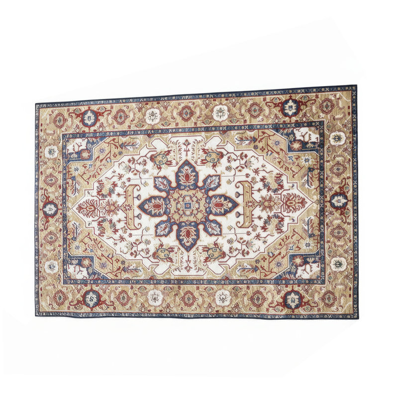 Tapis Hano 6 x 9 de style persan bohémien doré bleu rétro lavable, Rectangle 6 pi x 9 pi