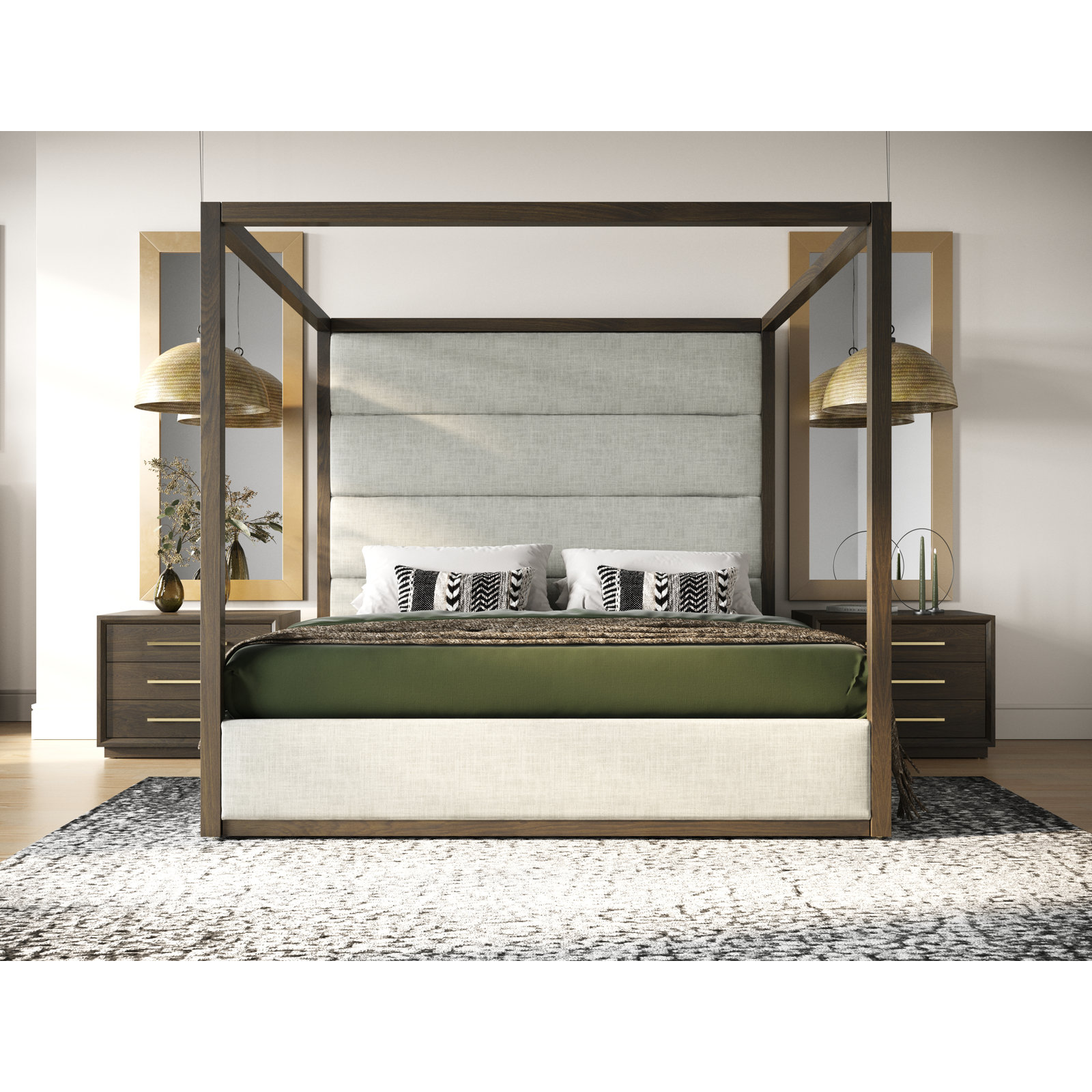 Langley Tufted Canopy Bed, Queen, Cherry/Light Gray