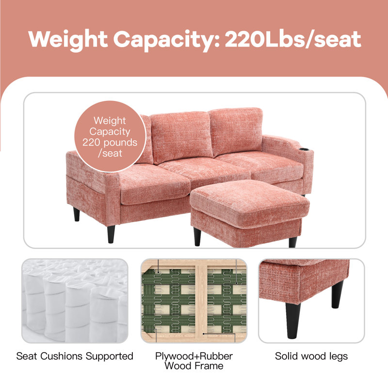 Adylynn Upholstered L-Shaped Sectional, Pink Polyester