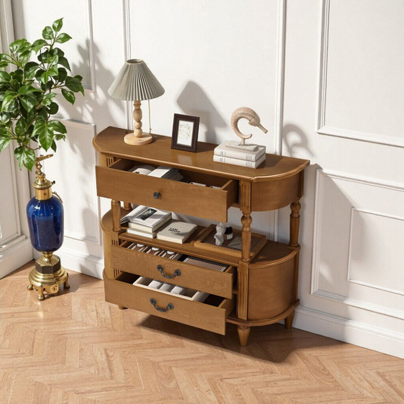 Console rétro en bois courbé avec 3 tiroirs - 43 po, entrée et canapé, brun