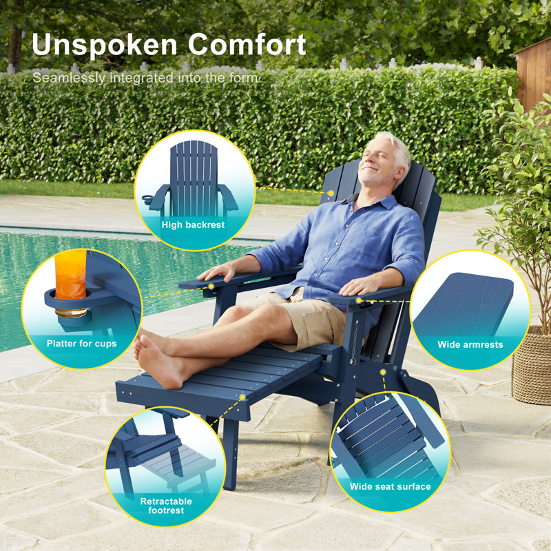 Folding Adirondack Chair with Retractable Ottoman & Cup Holder, 3-Position Adjustable for Patio, All-Weather Outdoor Seating