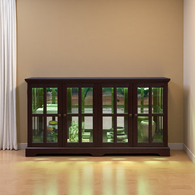 LED Curio Display Cabinet Antique Display Cabinet With Glass Doors Adjustable Shelves, Cherry