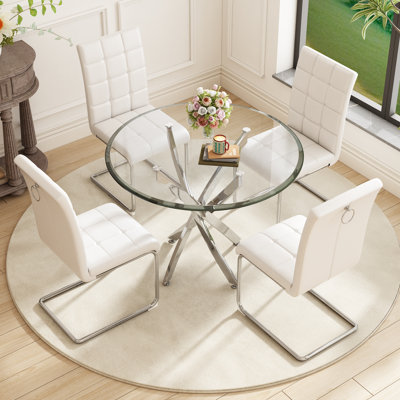 Ensemble de table de salle à manger 5 pièces, base en verre avec 4 chaises en similicuir