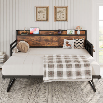 Twin Daybed with Pop Up Trundle, Built-in Charging and Storage, Strong Metal Support