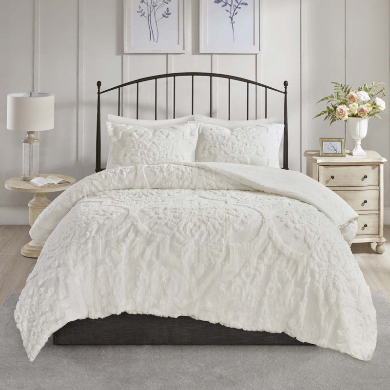 Ensemble d'édredon damassé en coton 3 pièces, Édredon très grand + 2 taies décoratives très , Blanc cassé
