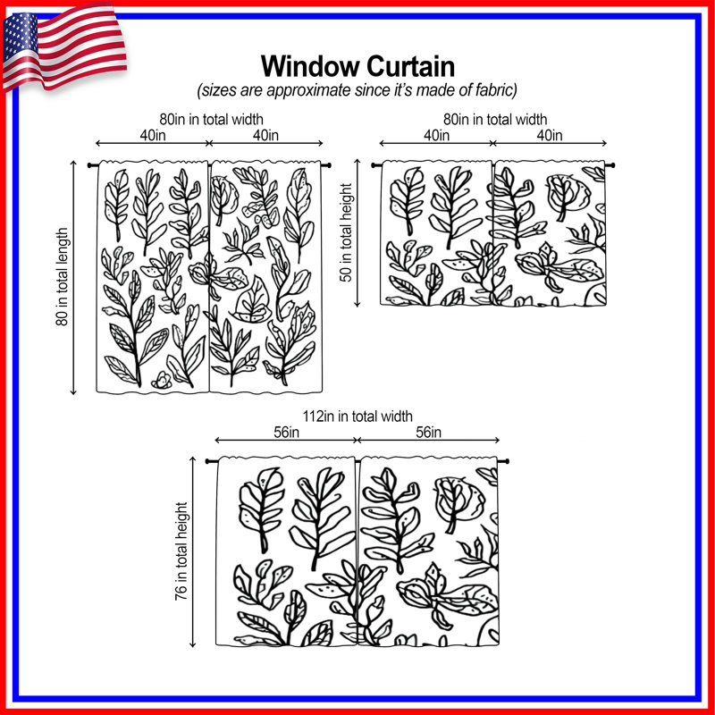 Rideaux obscurcissant botanique noir et blanc à motif de feuilles botaniques - 2 panneaux, 20 po x 50 po - 2 panneaux