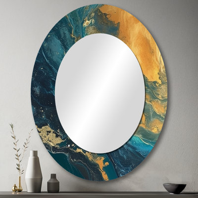 Golden Sunshine en bleu profond océan abstrait III - miroir mural moderne ovale