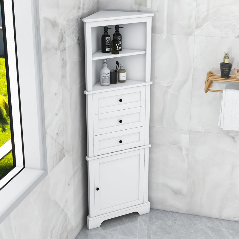 Armoire de salle de bain autoportante Fetiere, armoire haute triangulaire avec tiroirs et tablettes réglables, Blanc