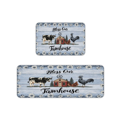 Blue White Farm Animal Kitchen Mats, 2 Pcs Rustic Rugs For Kitchen & Farmhouse