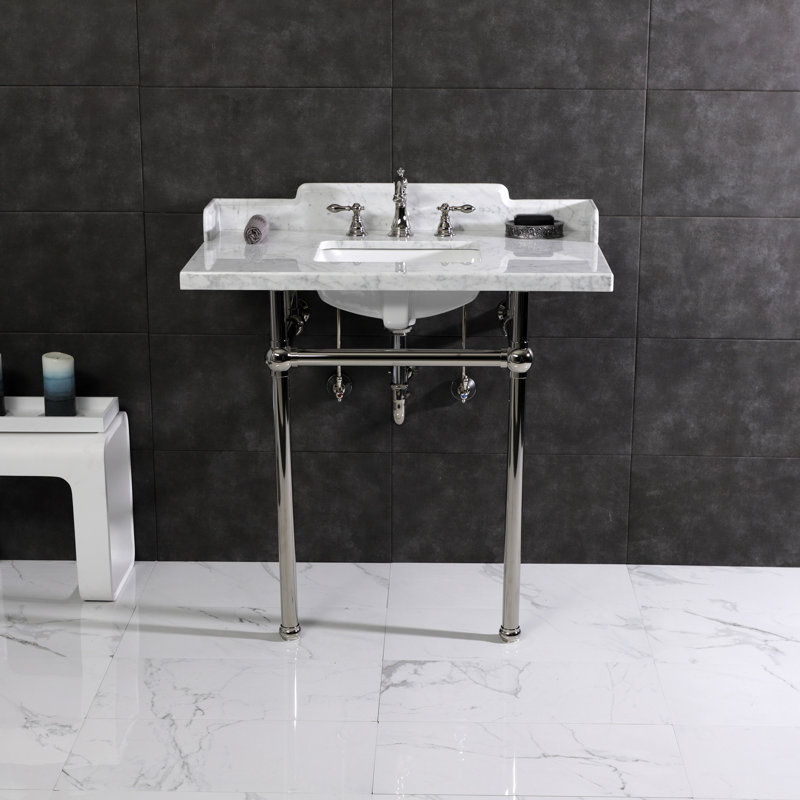 Lavabo console en marbre de Carrare de 36 po avec pieds en laiton Kingston, LMS36MBSQ1 Kingston White, marbre / chrome poli