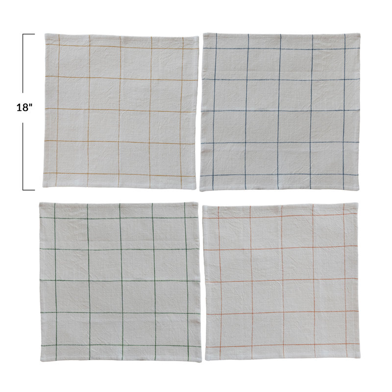 4-Piece 18" Square Woven Cotton Napkins With Grid Pattern, 4 Colors