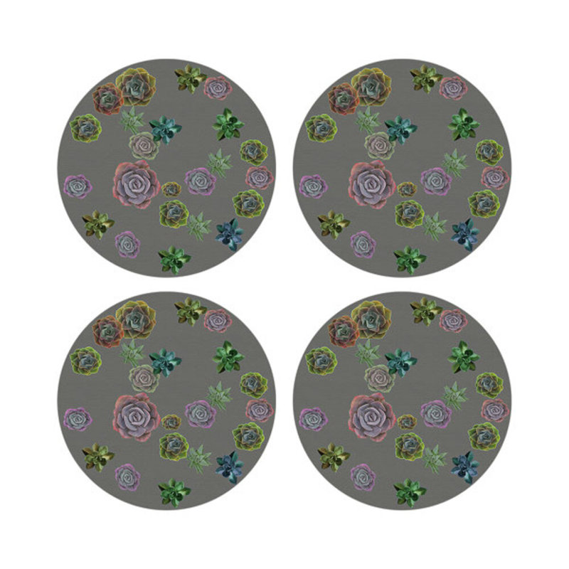 Succulents Floating Intenso Vegan Leather Round Coasters, Gray