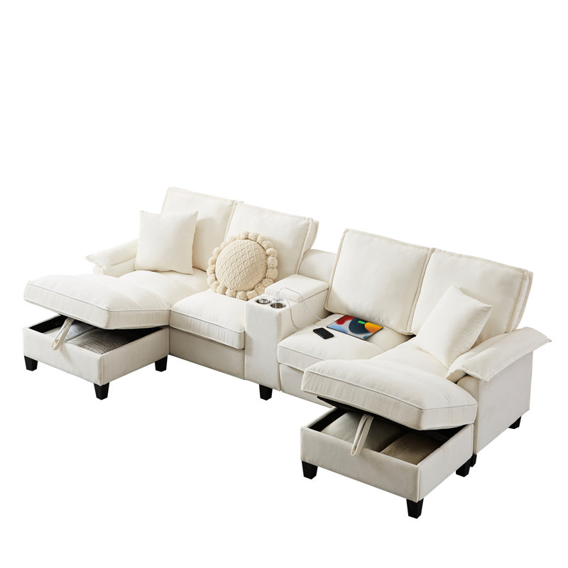 Canapé modulaire en U en velours côtelé avec méridienne, console et porte-gobelets