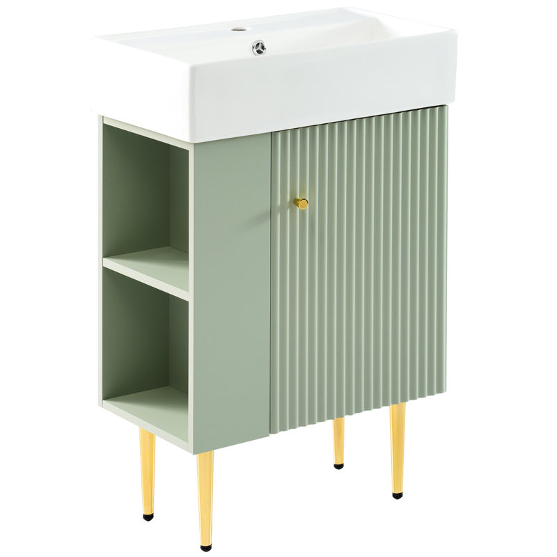 Meuble-lavabo 21,6 po avec lavabo en céramique et meuble de rangement à gauche, meuble-lavabo, Vert
