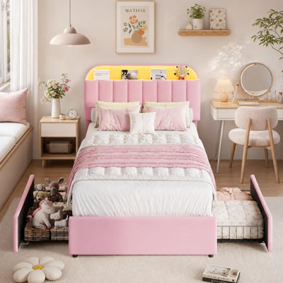 Queen/Full/Twin Size Velvet Bed Frame Adjustable Storage Headboard 2 Drawers LED Lights Platform No Box Spring Easy Assembly for Bedroom