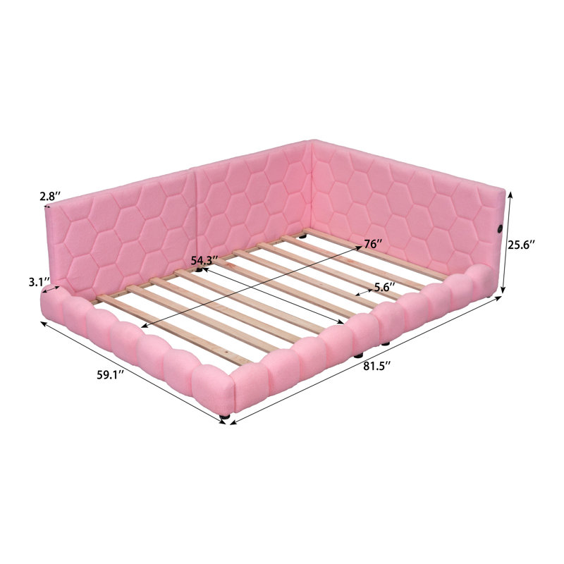  Lit plateforme double tapissier avec station de charge USB et tête de lit décorative rose, Rose