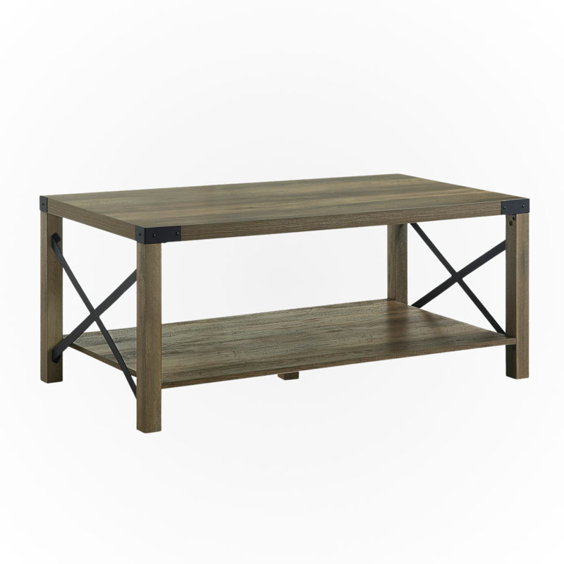 Bulwark Farmhouse Rustic Oak Coffee Table – Mid-Century Modern Barn Door Style Table for Living Room