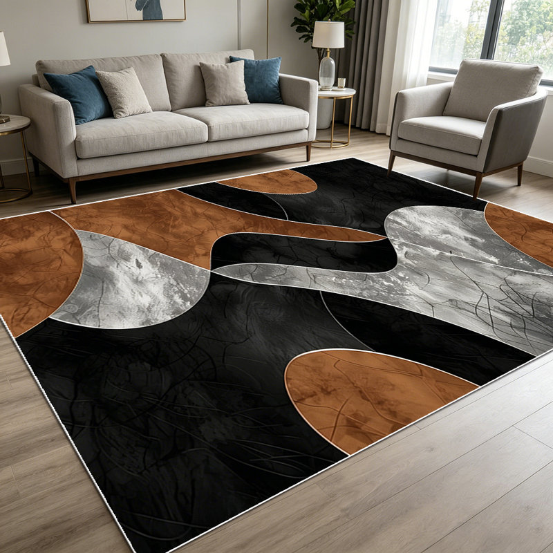 1PC Abstract Organic Wavy Neutral Brown Black Grey Textured Pattern area rugs for Living Room, Soft and Comfortable, Suitable for all seasons, easy-to-maintain, machine washable Indoor floor mat, Under Table Farmhouse suitable for dining room,