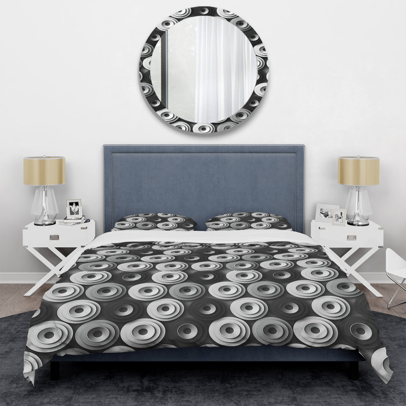 Ensemble de housse de couette moderne gris et noir Modern Circles I, Housse de couette pour grand lit et 2 taies décor