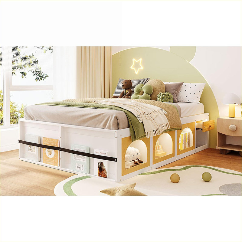 Lit plateforme avec rangement, grand lit en panneau de fibres à densité moyenne blanc avec bibliothèque intégrée, vitrine, lumière DEL et tiroir pour la chambre à coucher
