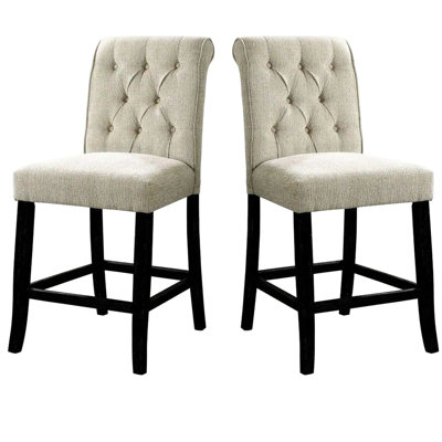 Chaises rustiques de hauteur comptoir de 2, rembourrées beiges avec pieds noirs antiques pour la décoration intérieure (2), siège et dossier en tissu de chenille, salon