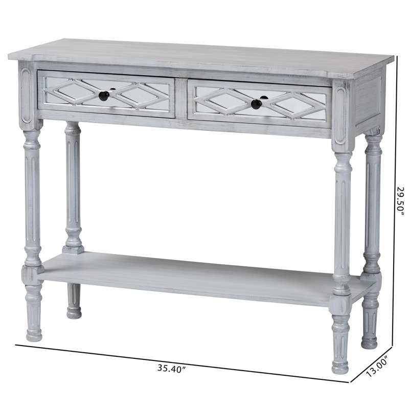 Gray Wood and Mirrored Glass 2-Drawer Console Table with Storage Shelf