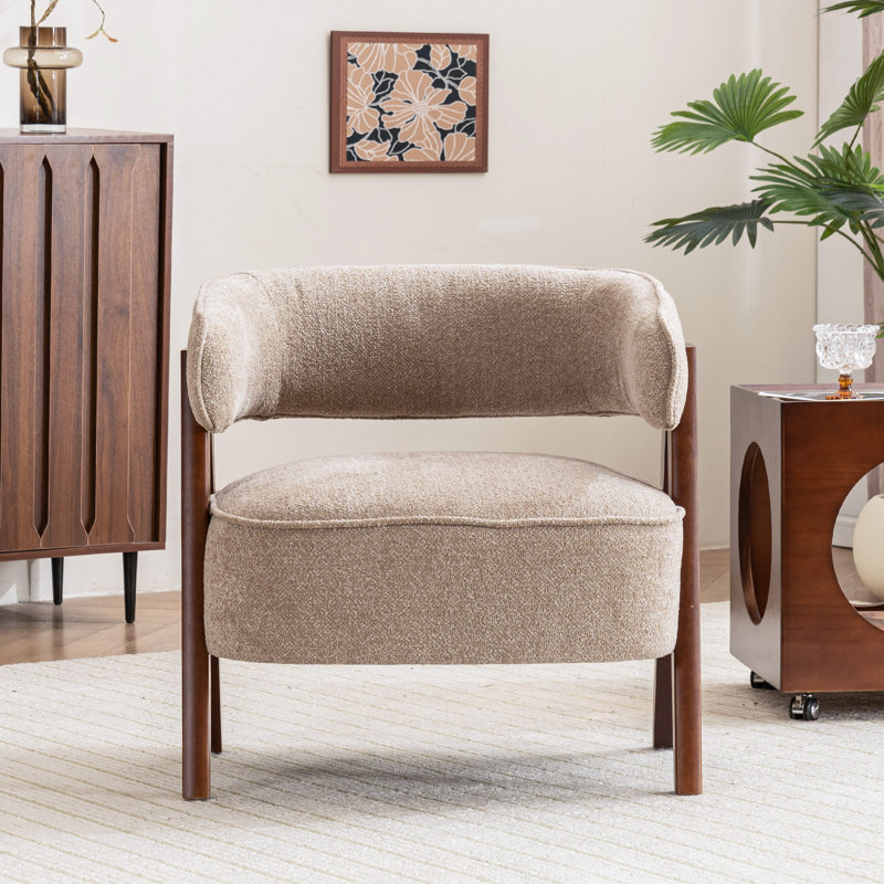 25"W Extra Wide Armchair With Wood Legs, Boucle Fabric Upholstered Accent Chair With Wingback, Mid-Century Modern Barrel Chair With Curved Arms, Thick Cushion For Living Room Bedroom Cafe, Coffee