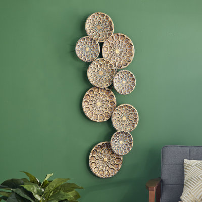 Metal Embossed Floral Plate Gold Wall Decor with Teal Accents