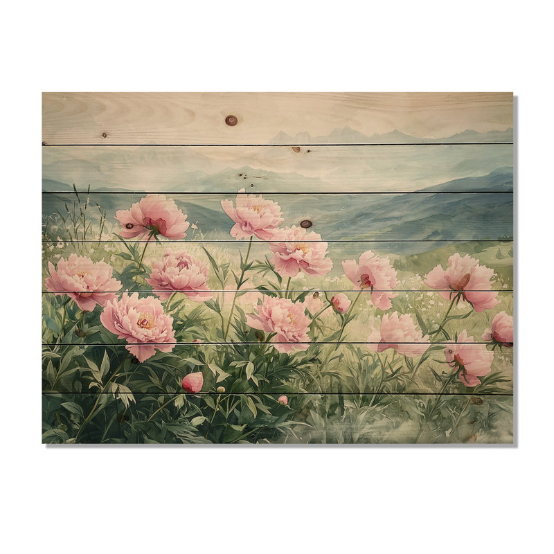 Peonies In The High Meadows II - Peonies Wood Wall Art - On Natural Pine Wood, 30" H x 40" W x 0.78" D