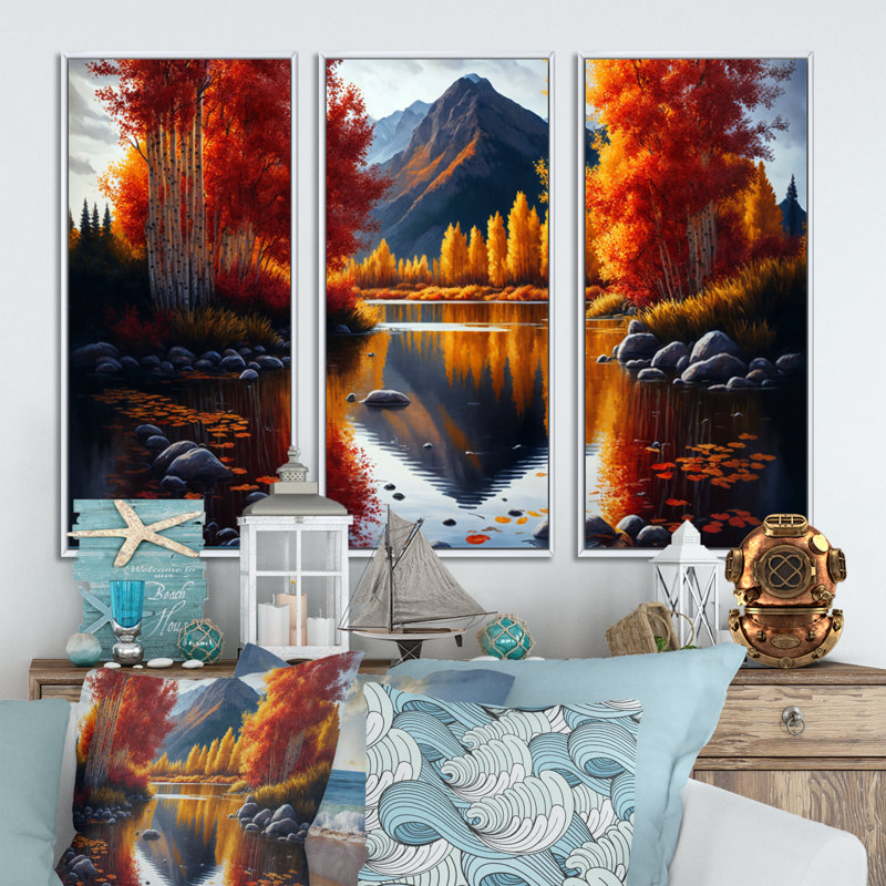 «Lorino Red and Orange Birch Trees By The Lake IV», reproduction sur toile 3 pièces, Cadre blanc, H 32 po x l 48 po x P 1 po