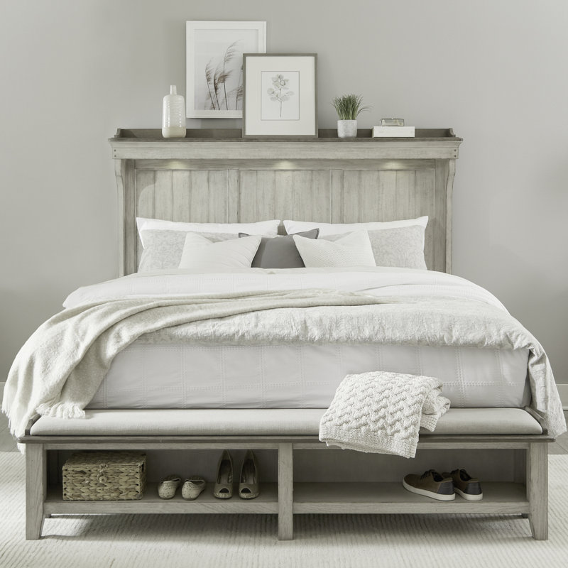 Ensemble de chambre à coucher avec grand lit de rangement, commode et miroir, deux tables de chevet Cathleen, Grand