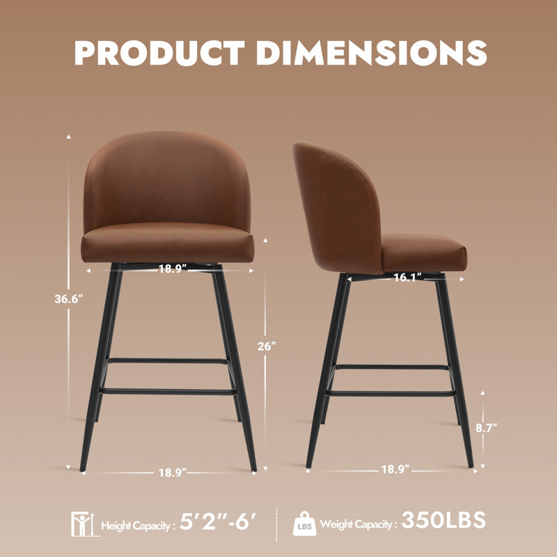 360°Swivel Barstool Counter Height Barstools with Back, Walnut/Faux Leather, 2