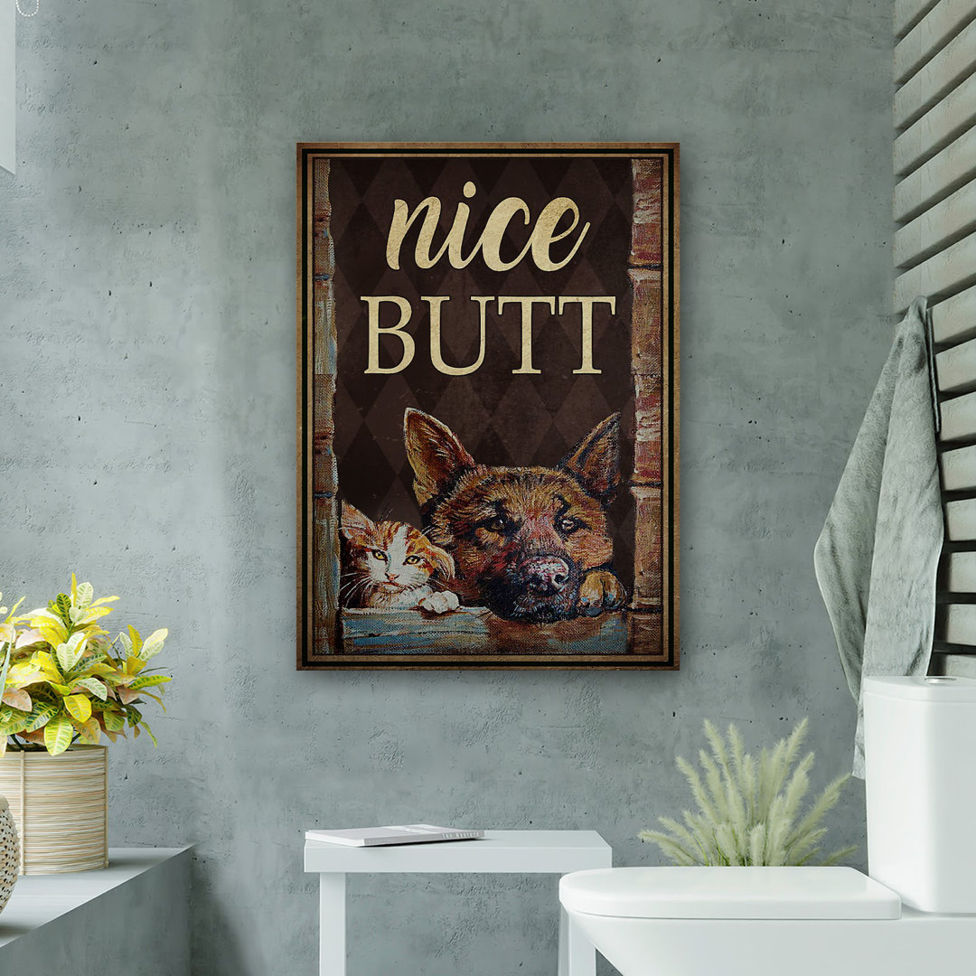 German Shepherd And Cat - Nice Butt Gallery Wrapped Canvas - Bath And Laundry Pet Illustration Decor, Brown And Orange Bathroom Decor Trinx 