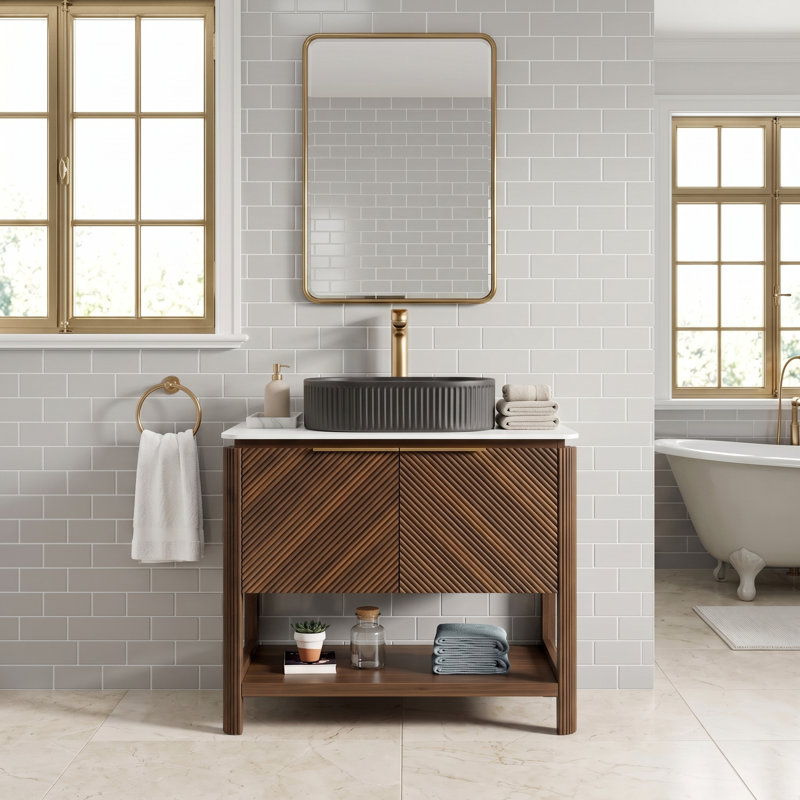 Meuble-lavabo sur pied 36 po en noyer foncé, plateau en pierre frittée et lavabo ovale en céramique rayé noir, 2 portes diagonales rayées avec tablette de rangement ouverte