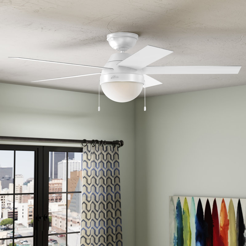 46" Anslee Standard Ceiling Fan with Pull Chain and Light Kit Included, Fresh White/Natural Wood