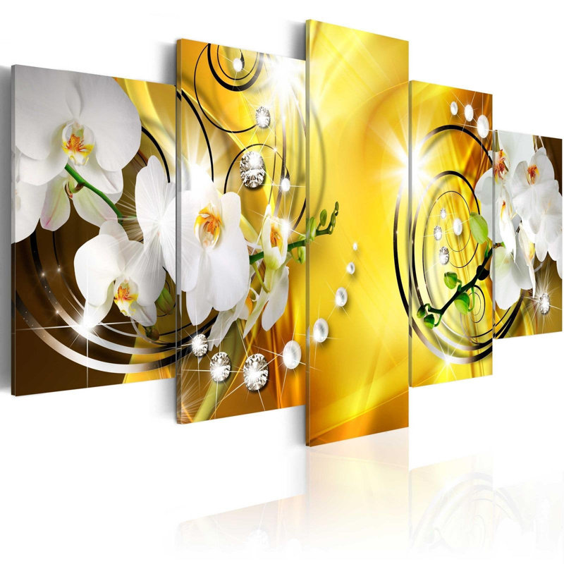 Admiration jaune sur toile, reproduction de 5 pièces, H 40 po x l 80 po x P 0,7 po