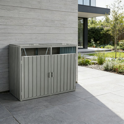 Metal Outdoor Garbage Bin Shed Stores Two Trash Cans With Ventilation, Lockable Doors, And Rust-Resistant Galvanized Steel Construction.