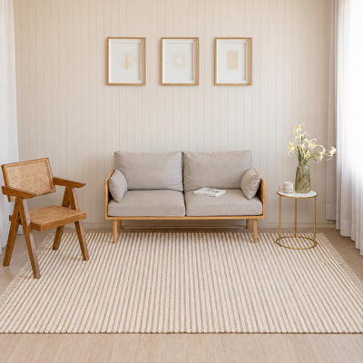 Tapis en jute de coton avec pampilles | 6 pi x 9 pi | Naturel | Tissé à la main, réversible, style bohème campagnard, pour le salon, la chambre à coucher et le vestibule