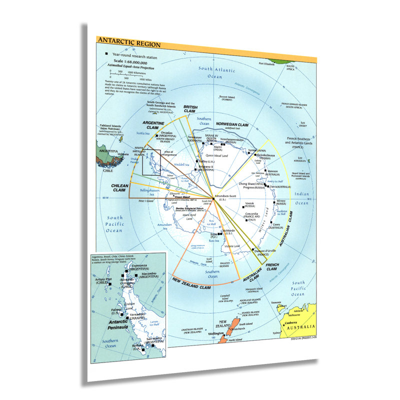 Affiche de carte de la région de l'Antarctique de 2005, art mural sur papier, H 24 po x l 18 po x P 0,1 po