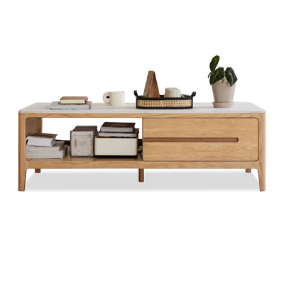 White + Burlywood Sintered Stone + Solid Wood Rectangular Coffee Table